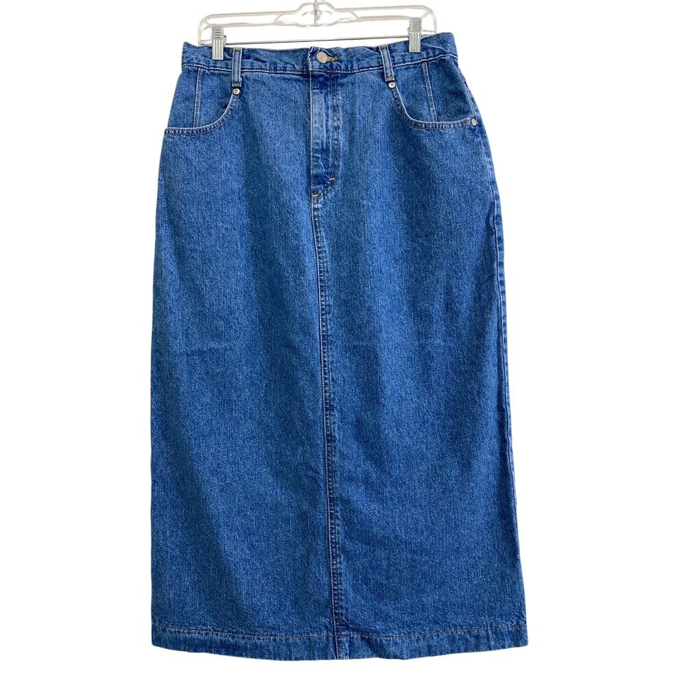 Vintage Lee Denim Midi Maxi Skirt 100% Cotton 14 Med USA Pockets Modest Church